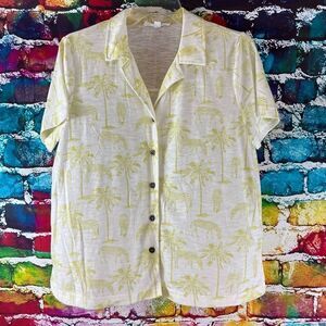 Jane + Delancey Zebra Palm Tree Short Sleeve Button Down Soft Cotton Blend Top M